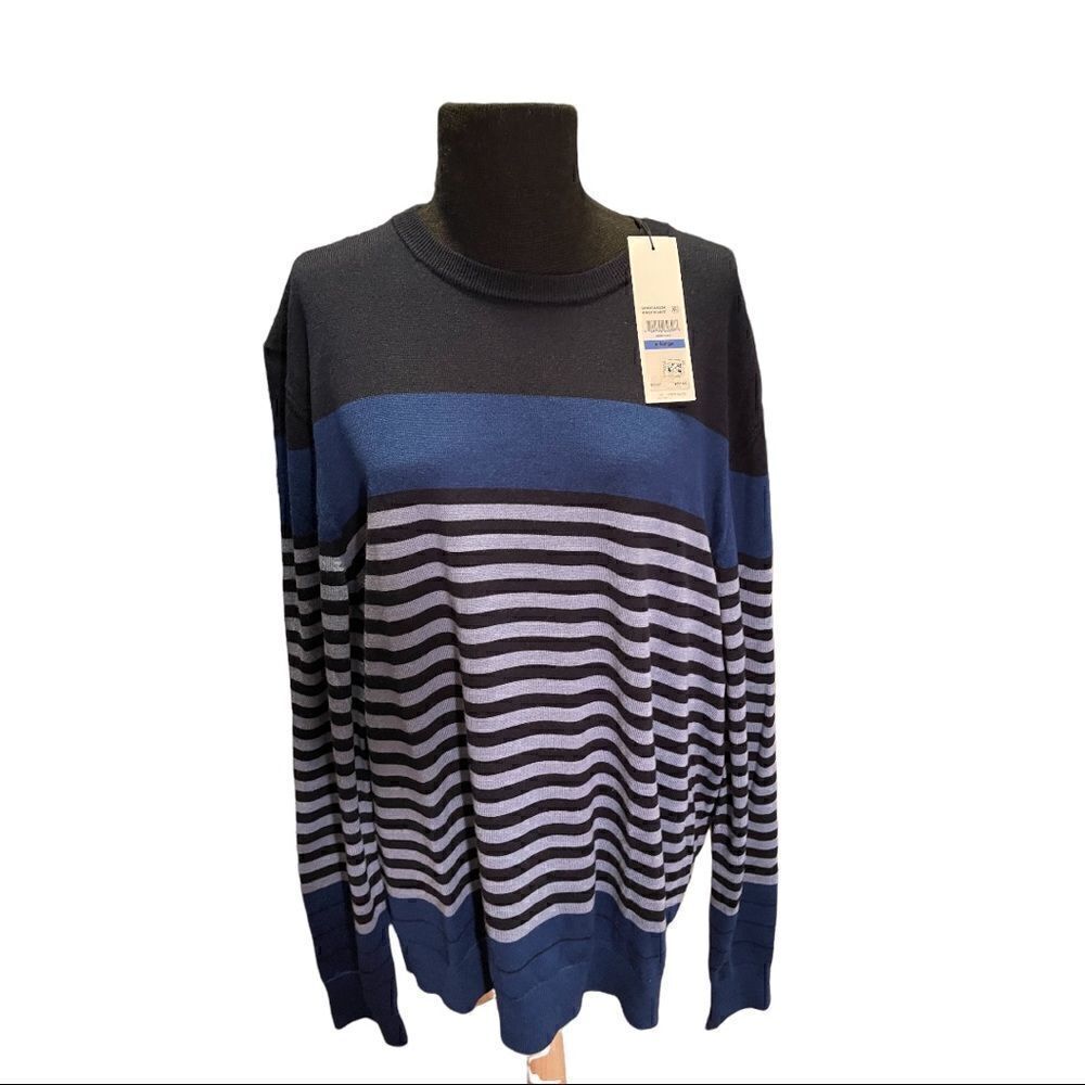 NWT Calvin Klein Mens XL Blue Colorblock Stripe Wool Round Neck Pullover Sweater